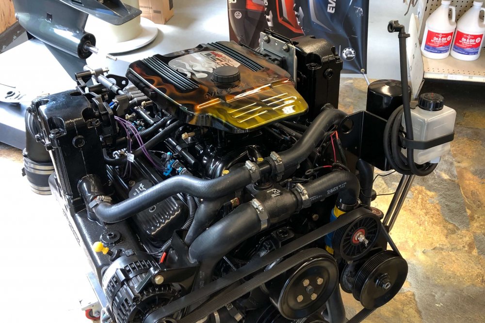 Boat motor with flame print on display
